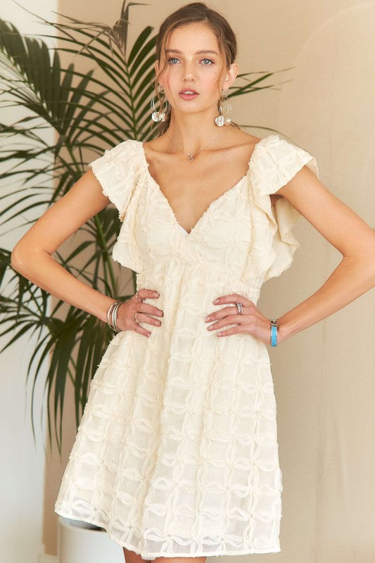 Laura- Kleid mit V-Ausschnitt, Rüschenärmeln & Bindeband