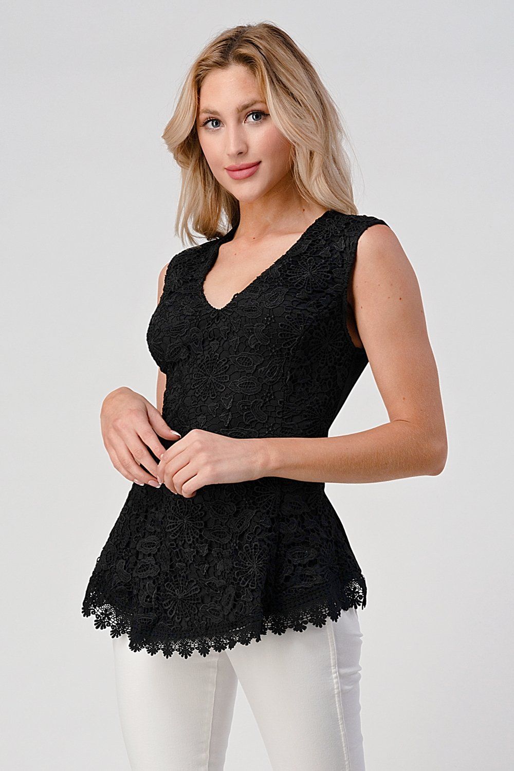 Ärmelloses Spitzen-Peplum-Top mit V-Ausschnitt