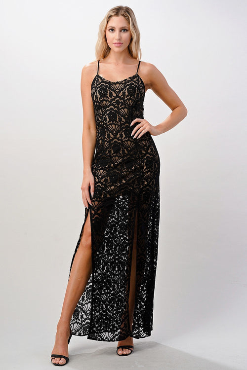 Amara – Schwarzes Spitzen-Maxikleid mit Schlitz