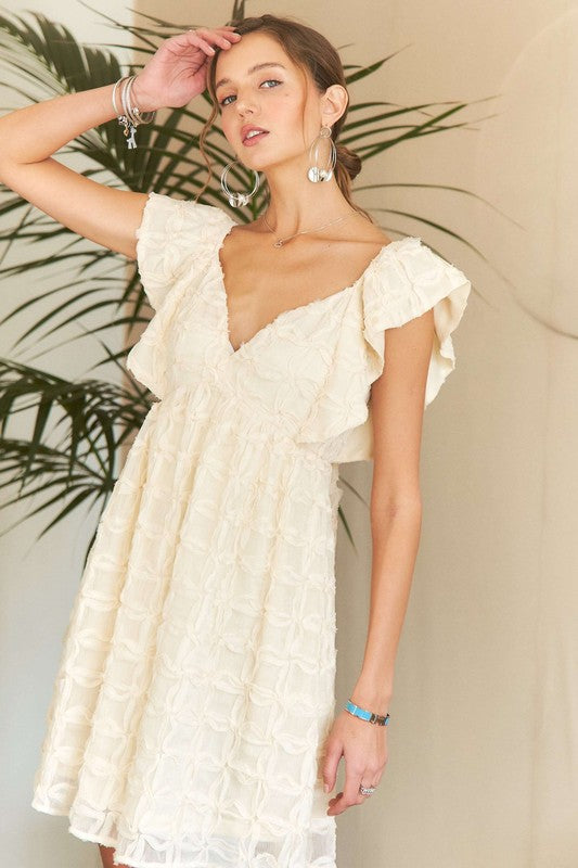 Laura- Kleid mit V-Ausschnitt, Rüschenärmeln & Bindeband