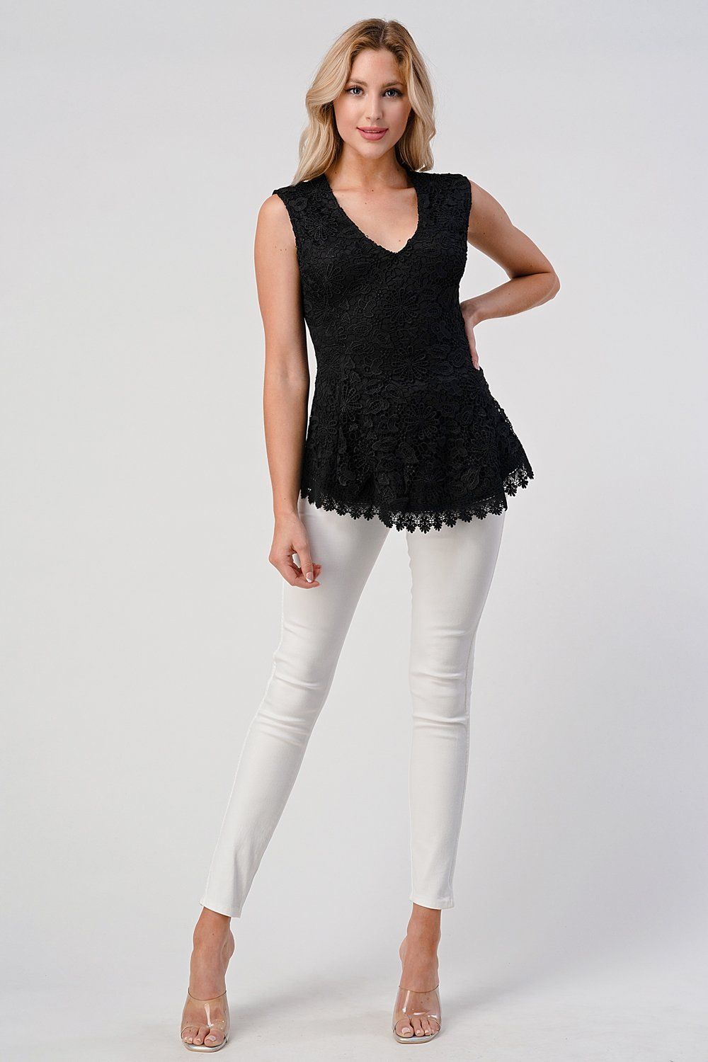 Ärmelloses Spitzen-Peplum-Top mit V-Ausschnitt